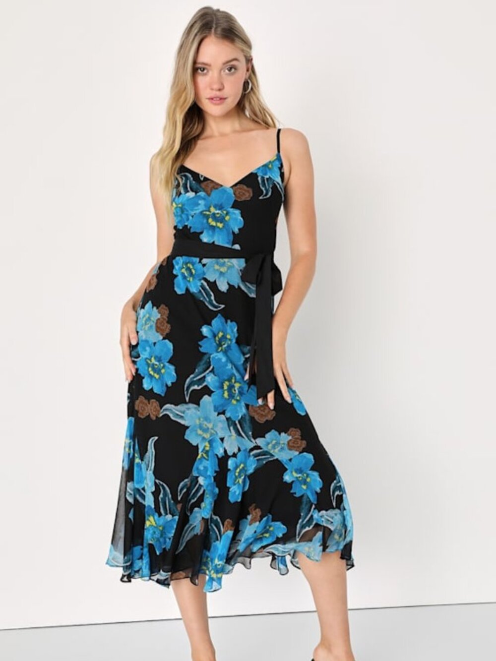 Lulus Unparalleled Elegance Black Floral Chiffon Midi Dress - Size L